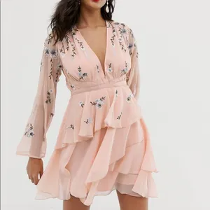 ✨ ASOS DESIGN tiered ruffle mini dress with embroidery and waist detail thumbnail 4