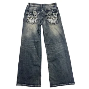 Telepatia Y2K Low Rise Wide Leg Jeans Rhinestone Embroidered McBling Sz 11 Diva thumbnail 5