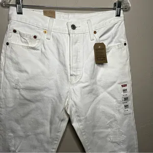 NWT Levi's 501’s White Distressed High‎ Rise Raw Hem Straight Leg Denim Jeans thumbnail 5