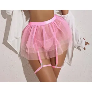 Macy's NEW SET Pink Tulle Mesh Sheer Layered Micro Mini Lace G-String Thong Garters L thumbnail 5