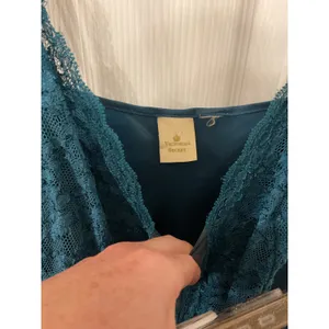 Vintage Victoria’s Secret Gold Label Satin Lace Teal Slip Side Slit Gown, M thumbnail 5