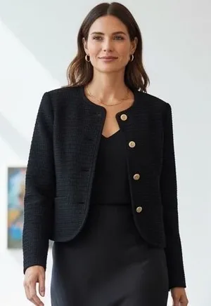Abercrombie Black Textured Lady Jacket Gold Button Tweed Cropped Capsule Wardrobe Work Small thumbnail 1