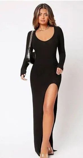 NEW Black Long Sleeve Slit Thigh Scoop Neck Dress S thumbnail 1