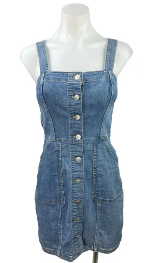 H&M Blue Denim Square Neck Sleeveless Button Mini Overalls Jumper Jean Dress 4 thumbnail 1