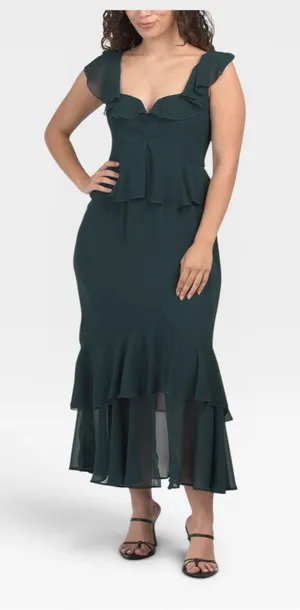 NWT Show Me Your MuMu Reese Ruffle Dress Emerald Green XXS thumbnail 1