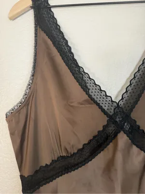 House Of Harlow 1960 Brown Satin Maxi Dress With Black Lace Trim size Large $198 thumbnail 13