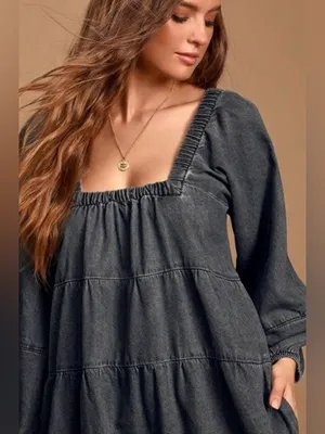 FREE PEOPLE Lou Jean Babydoll Dress in Black Grey Denim Oversized Boho Sz. S thumbnail 5