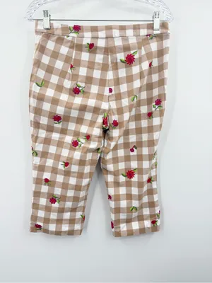 Anthropologie Maeve Tan/White Gingham Capri Floral Embroidered Pants Size 4P thumbnail 3