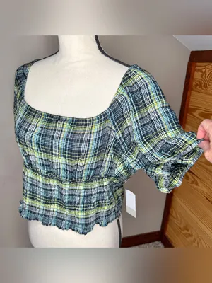 BP Plaid Square Neck Smocked Crop Top Blouse 1X Green Blue Black NWT Plus Size thumbnail 3