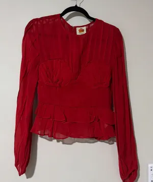 FARM Rio Pleated Peplum Red Blouse Size S Long Sleeve thumbnail 1