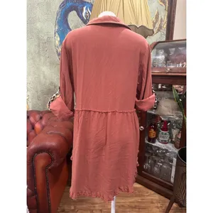 Umgee Boho Linen Blend Tunic Top Leopard Print Roll Tab Sleeve Rust S Raw Hem thumbnail 6