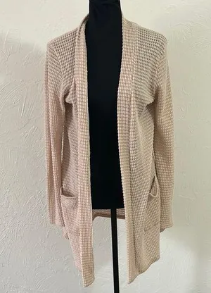 Cream Waffle Knit Open-Front Cardigan Sweater thumbnail 1