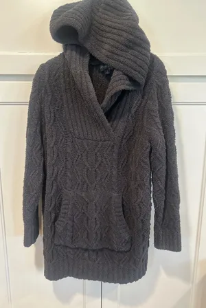 Barefoot Dreams CozyChic Cable Knit Hoodie Sweater Charcoal Gray Womens M flaw thumbnail 1