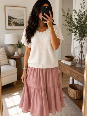 Vintage Ivory Pointelle Knit Flutter Sleeve Scalloped Sweater Top thumbnail 8
