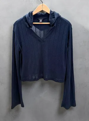 Athleta Spirit Ribbed‎ Cropped V-Neck Hoodie Navy Blue Size XXS thumbnail 1