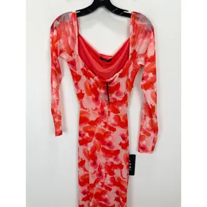 Lulus Dasia Pink and Red Abstract Print Mesh Cutout Midi Dress Large NWT thumbnail 7