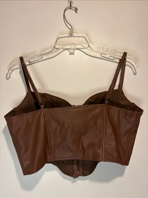 Windsor Dark Brown Faux Leather Crop Corset Tank Front Clasp Closure Size L thumbnail 2