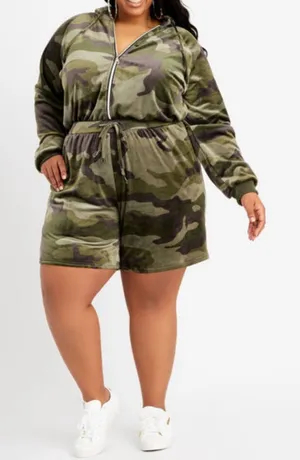 Ashley Stewart Romper.Size 14/16. Camo Velour Drawstring Hoodie Long SL Full Zip thumbnail 1