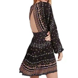 Free People Coryn Boho Long Sleeve Printed Mini‎ Dress Black Size 6 Festival thumbnail 2