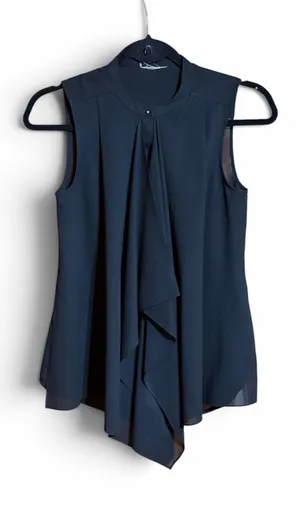 Black Blouse featuring a Dramatic, Draped Ruffled Front Sz S/M thumbnail 1