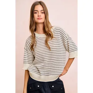 BiBi Stripes Short Sleeves Rib Banded Outseam Knit Top‎ - Cream/Grey - Medium thumbnail 10
