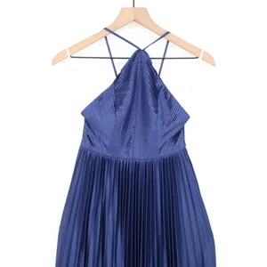 Lulus Elaborate Charm Maxi Dress Womens Navy Blue Satin Pleated Adjustable Strap thumbnail 4
