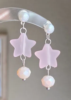 Handmade light pink star & glass beads cute fairy cottage style dangle earrings💐💓 thumbnail 1