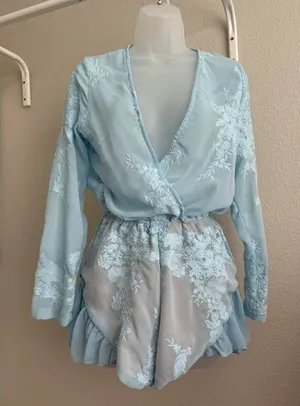 Lioness light blue embroidered floral lace v-neck long sleeve ruffle romper thumbnail 1