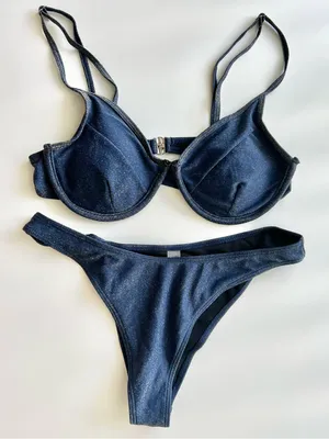 NWOT Navy Blue Shimmer Metallic Glitter Underwire Bikini Bathing Suit Set L thumbnail 7