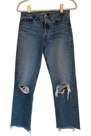 Levi's Wedgie Straight Mid Rise Distressed Blue Denim Jeans Med Wash Women 27x26 thumbnail 1