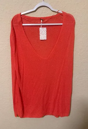 Free People Lightweight V-Neck Knit Sweater - Coral Red thumbnail 1