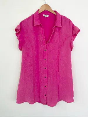Umgee Hot Pink Ruffle Sleeve Collared Mini Shirt Dress S Small Barbiecore Boho thumbnail 3