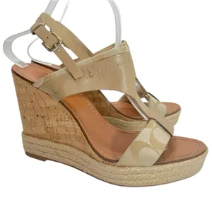 Coach Khaki Leather Signature Canvas Mendez Cork Wedges Sandals thumbnail 2