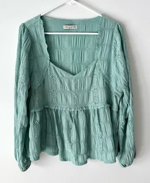 Frye & Co. Green Teal Eyelet Peplum Blouse Lace Floral Western Boho Flowy thumbnail 1