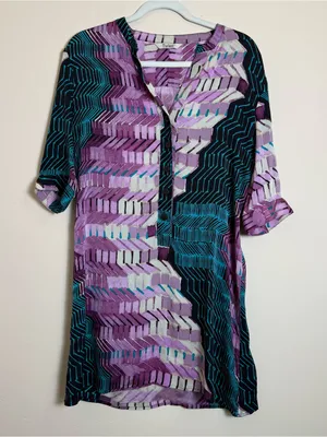 Tucker Abstract Chevron Tunic Purple, Teal Black Silk Blend Women’s top size L thumbnail 1