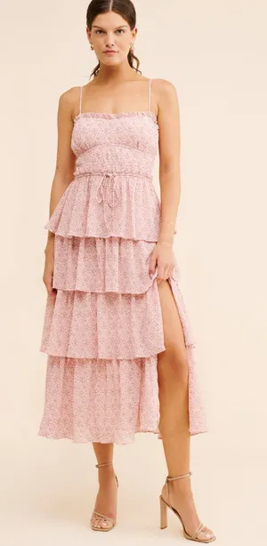 ASTR The Label Harriet Tiered Midi Dress Cottagecore Fairy High Slit Dress Sz S thumbnail 1