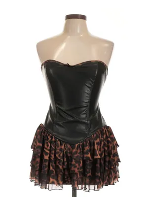 Black Faux Leather Strapless Corset Dress with Leopard Ruffle Skirt thumbnail 5