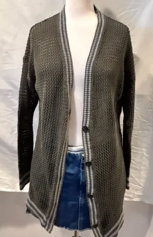 American Eagle Women's Green Open Knit Varsity Button Long Cardigan thumbnail 1