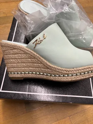 Karl Lagerfeld Mint Espadrille Wedge Mules with Gold Logo thumbnail 2