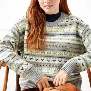 American Eagle Fair Isle Geometric Knit Sweater Grey Yellow Boho Cozy Size M thumbnail 1