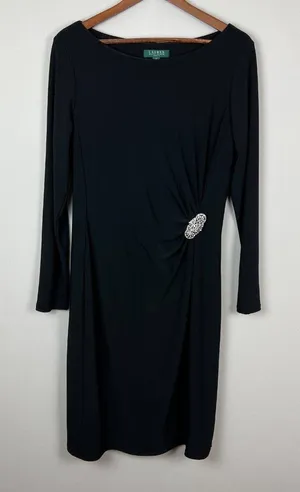 Lauren Ralph Lauren Dress 14 Black Sheath Ruched Broach Long‎ Sleeve Flattering thumbnail 1