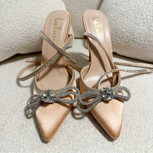 Lulus Lullie Rose Gold Satin Rhinestone Ankle Strap Pointed-Toe Pumps sz 8 thumbnail 7