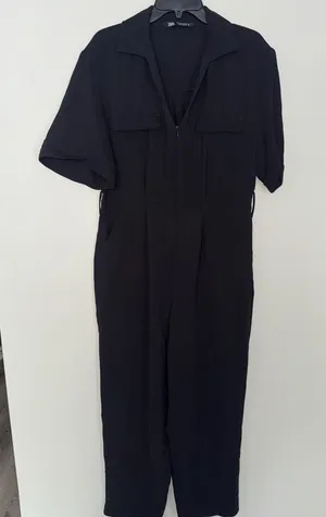 Zara Black Short-Sleeve Utility-Style Jumpsuit thumbnail 1