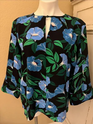 Ann Taylor Black Floral Keyhole Blouse with Blue & Green Motif thumbnail 1