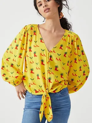 Anthropologie Kendra Dandy Dreamer Yellow Heel Print Tie Front Blouse size 0 thumbnail 1