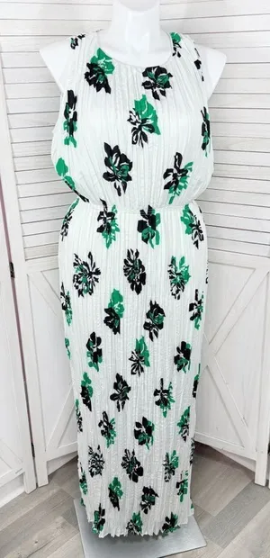 Banana‎ Republic Crinkle Pleat Chiffon Floral Maxi Dress White Green XL thumbnail 1
