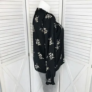 J. Crew Floral Smocked Ruffle Trim Blouse Black‎ Tan Large thumbnail 3