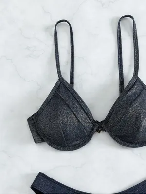 NWOT Navy Blue Shimmer Metallic Glitter Underwire Bikini Bathing Suit Set L thumbnail 5