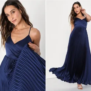 LULUS Prom Wedding Bridesmaid Sexy Elegant Navy Blue Pleated Maxi Dress thumbnail 3