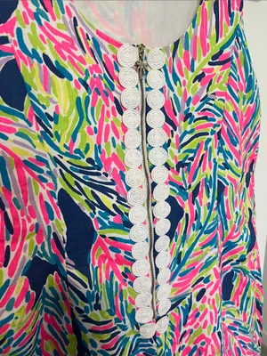 Lilly Pulitzer Cathy Shift Dress (Sz 10) Indigo Palm Reader Cotton Mini Hot Pink thumbnail 7